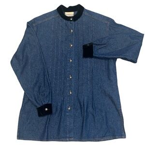Coldwater Creek Denim Button Down Tunic Shirt w/Velvet Trim Size Medium